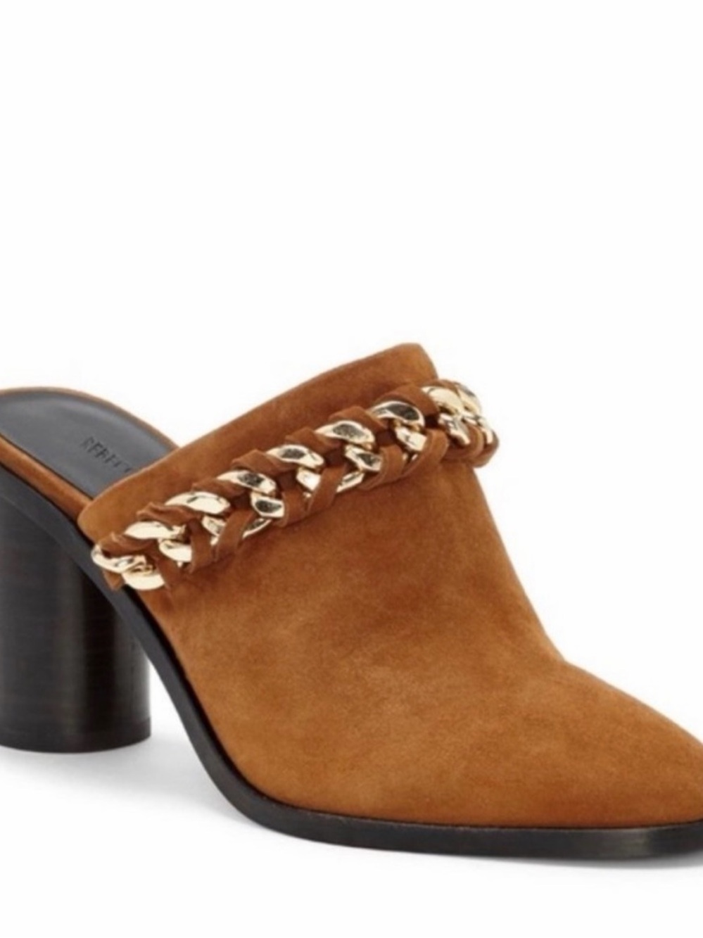 Rebecca Minkoff Suede Chain-Trim Mule Heels in Cognac Size 6
